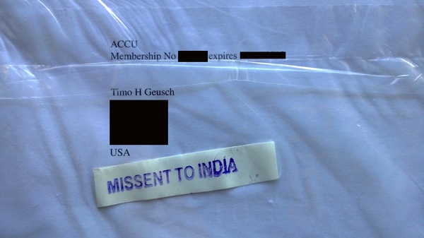 Picture of an envelope that travelled from the UK to the USA via India