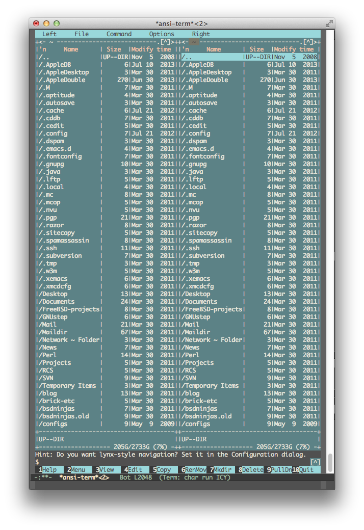 Midnight Commander running inside an Emacs ansi-term on FreeBSD