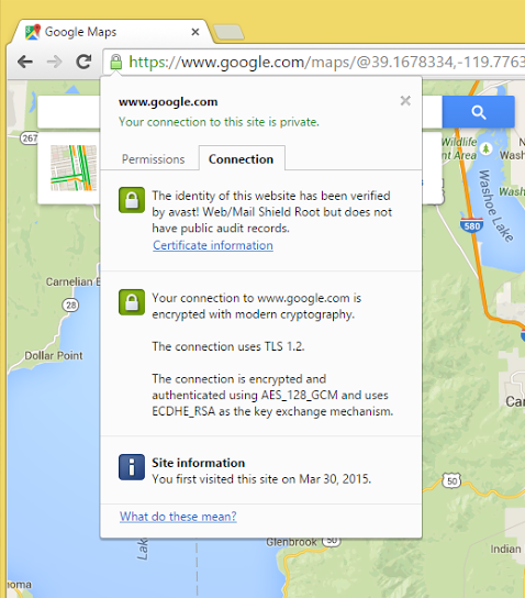 Google Maps showing the Avast! certificate