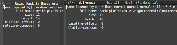 Font comparison - Hack 2.0 and Menlo side by side