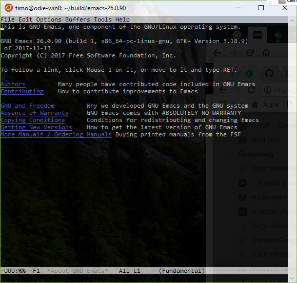 Text mode Emacs 26.0.90 running on WSL