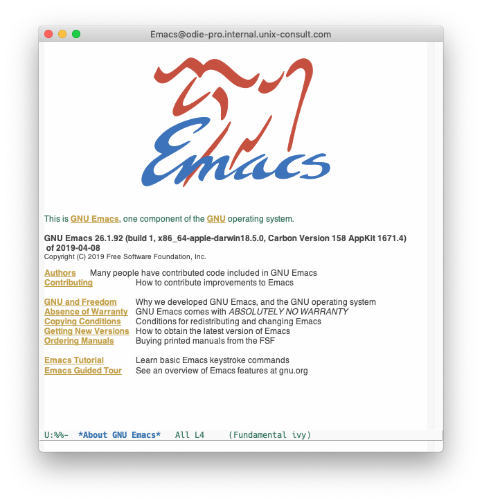 Screenshot of a GUI Emacs 26.1.92 running on Mac OS X Mojave