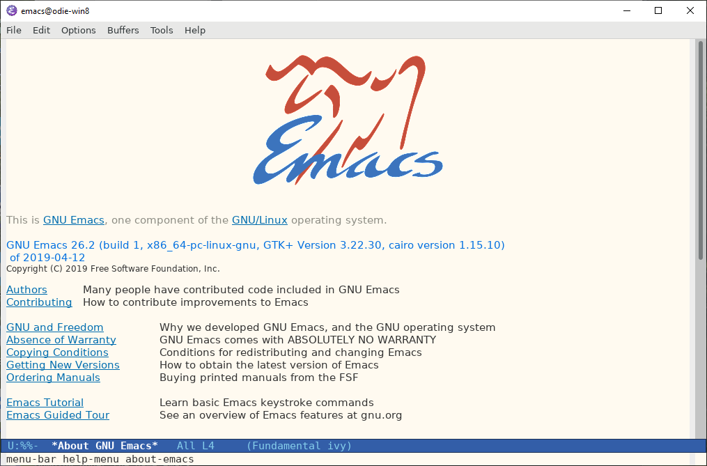 Screenshot of a freshly built Emacs 26.2 running on WSL