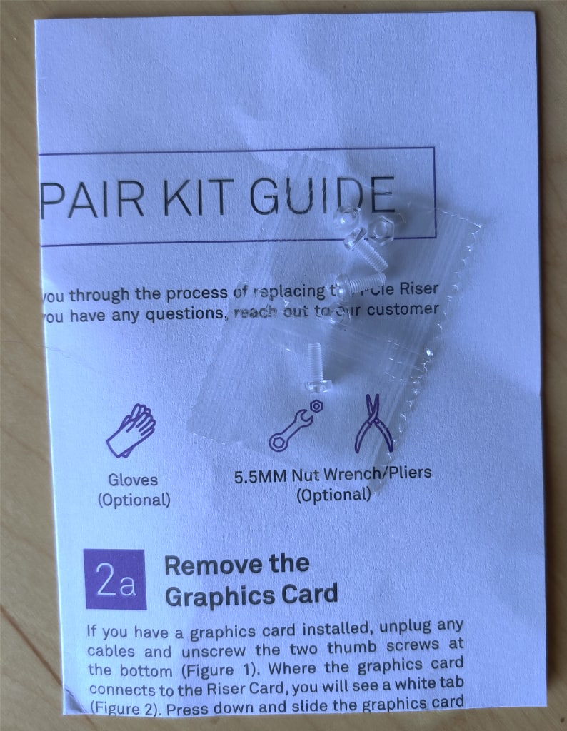 NZXT H1 PCB riser repair kit with instructions